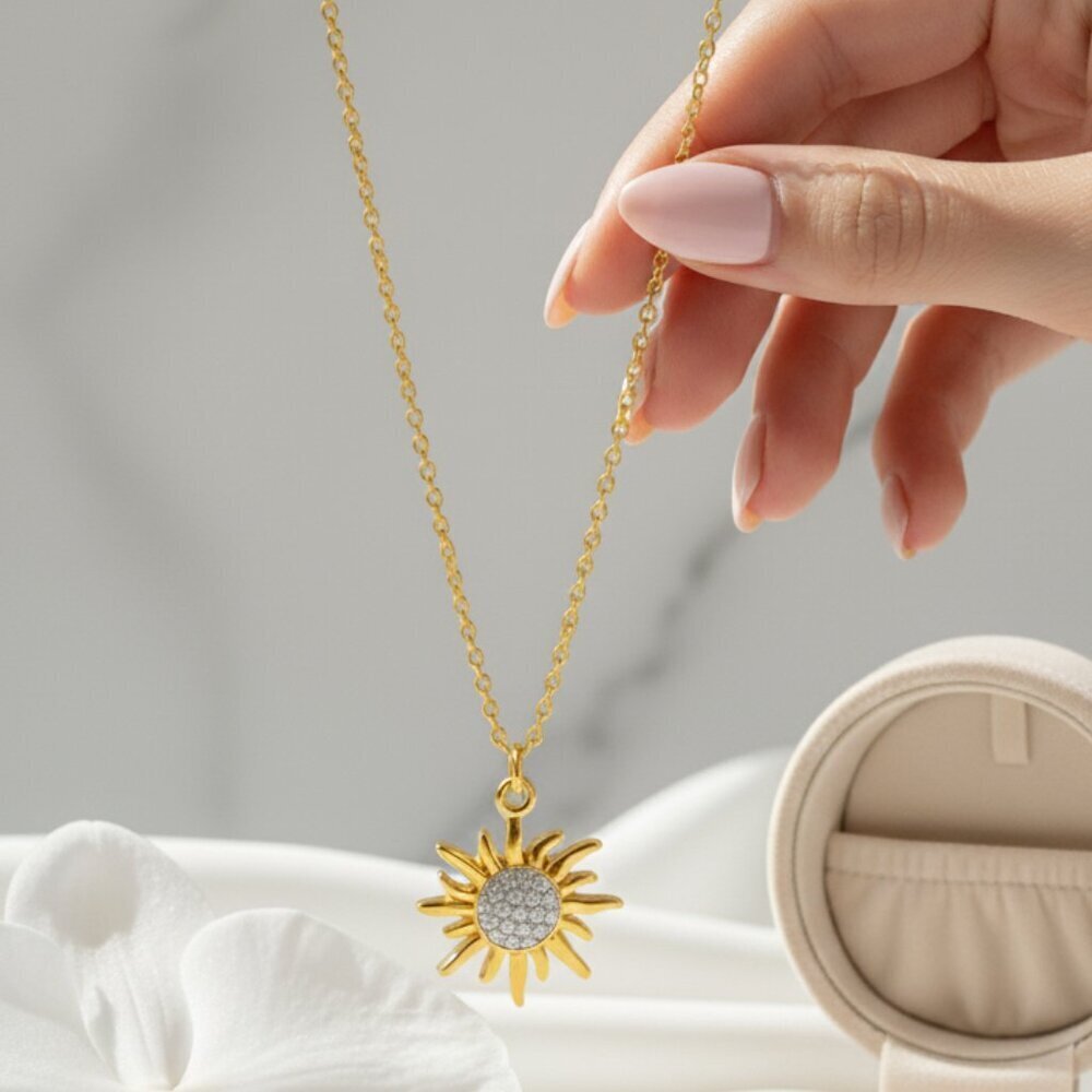 Dainty Sunburst Pendant 18K Gold Plated Stainless Steel CZ Celestial Necklace - Picture 6 of 10